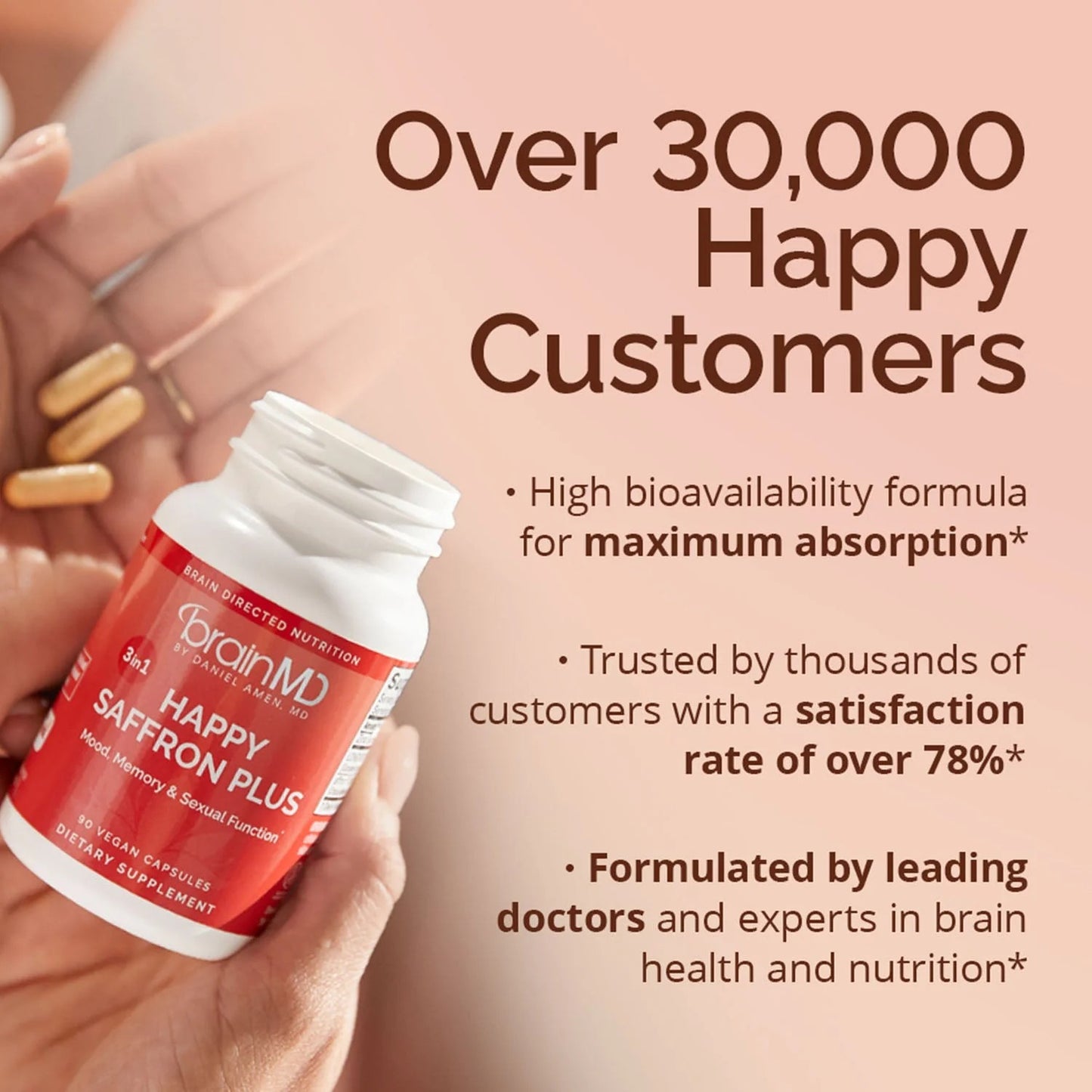 BRAINMD Dr Amen Happy Saffron Plus - 90 Capsules - with Saffron Flower Extract, Curcumin & Zinc - Vegan, Gluten Free - 30 Servings