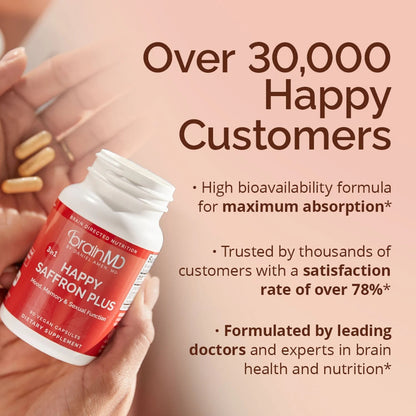 BRAINMD Dr Amen Happy Saffron Plus - 90 Capsules - with Saffron Flower Extract, Curcumin & Zinc - Vegan, Gluten Free - 30 Servings