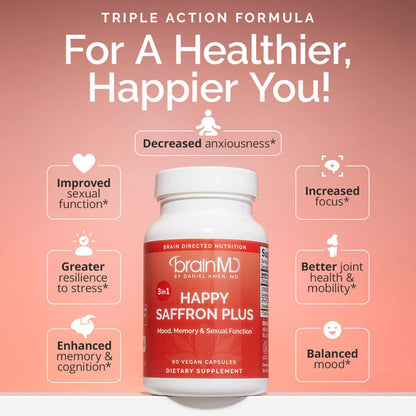 BRAINMD Dr Amen Happy Saffron Plus - 90 Capsules - with Saffron Flower Extract, Curcumin & Zinc - Vegan, Gluten Free - 30 Servings